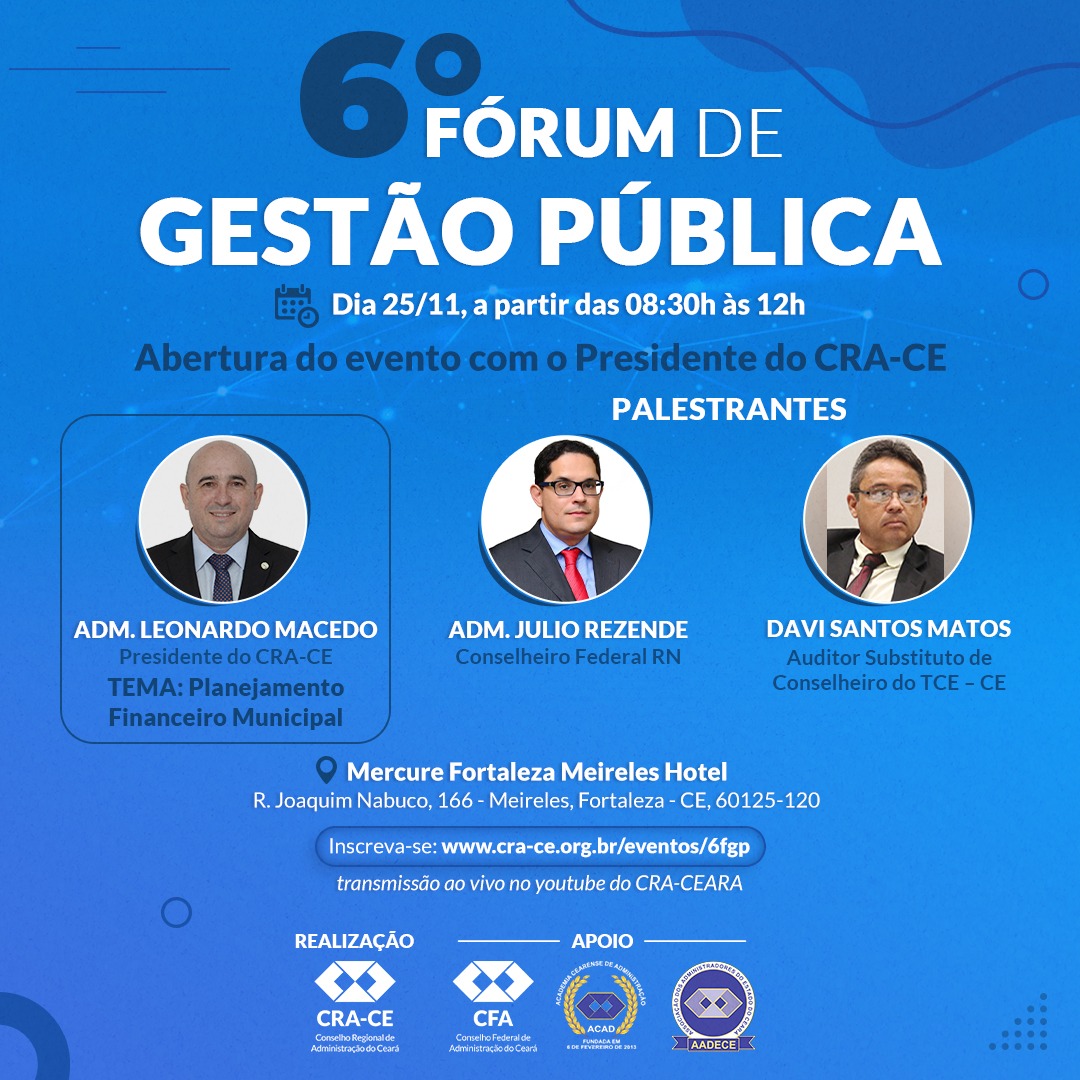 CRA-CE realiza 6º Fórum de Gestão Pública neste mês; inscreva-se